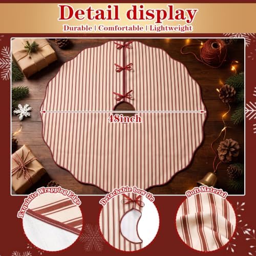 Soaoo 48" Dark Red Striped Christmas Tree Skirt, Primitive Xmas Tree Skirt