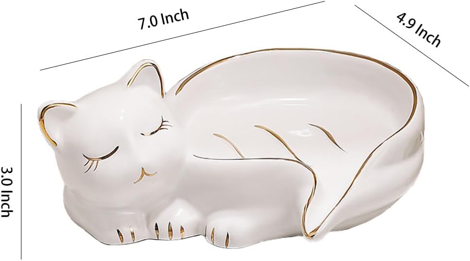 Creative Cat Soap Holder Ceramic Soap Dish Self Draining Soap Holder Decorative Soap Dish / White