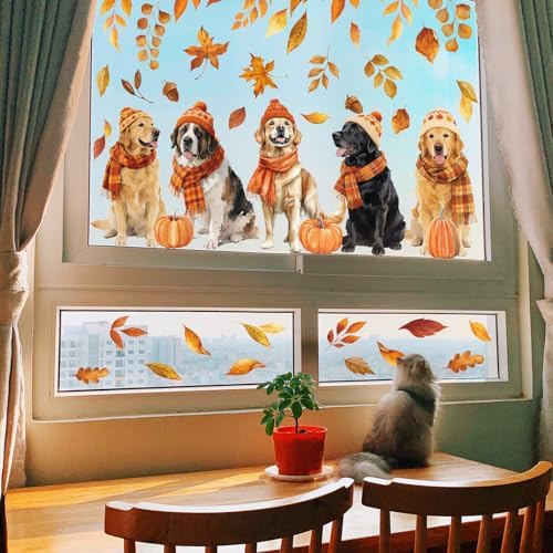 JarThenaAMCS 2 Sheet Fall Dog Window Clings, Resuable Window Decal