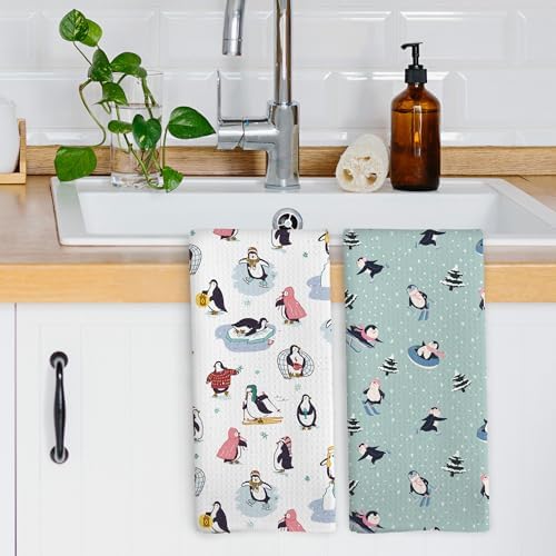 XPH Winter Penguin Kitchen Dish Towels Set of 2, Cute Penguin Gifts for Women Kids, Ski Gifts for Women, Cozy Winter Skiing Wild Animals Hand Towels Kitchen Tea Towel Decorations, 16x24inch