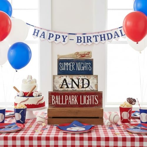 Lineshading 4 Pcs Baseball Wooden Blocks Sign with Bat, Blue White Red