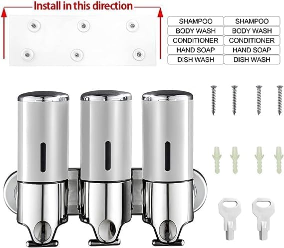 3 in 1 Chamber Wall Mounted Shampoo and Conditioner Dispenser (Silver) | No Drill Shower Soap Dispenser for Bathroom &