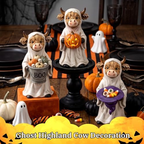 3 Pcs Halloween Highland Cow Figurines, Ghost with Pumpkin Decor