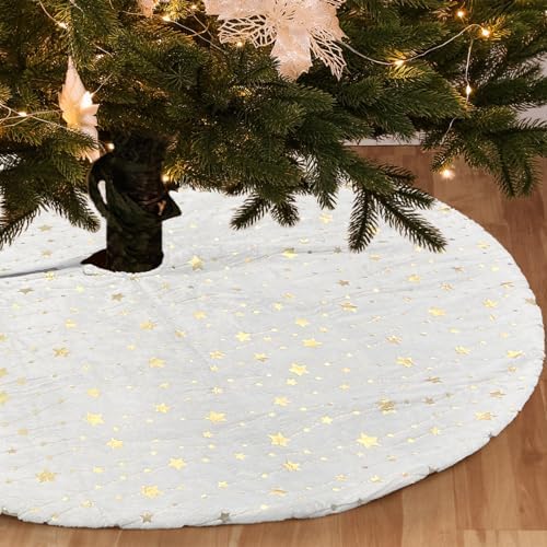 Christmas Tree Skirt Velvet White 48 inch Large Soft Christmas Tree Mat with Gold Star Pattern for Indoor Outdoor Xmas Holiday Party Decoration