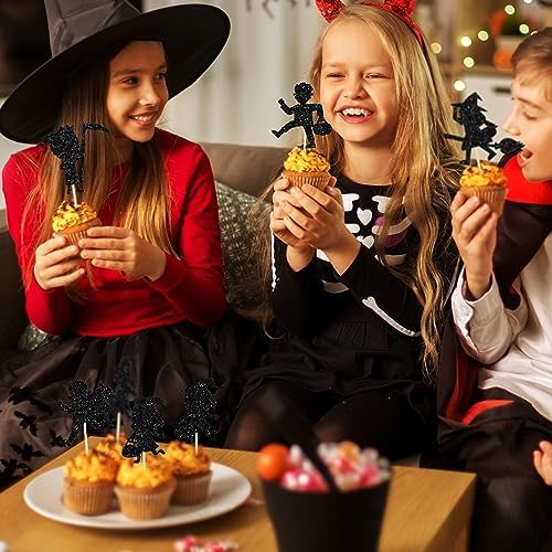 Gyufise 24Pcs Halloween Cupcake Toppers Black Glitter Trick or Treat Halloween Cupcake Pick Decorations for Baby Shower Kids Boys Girls Birthday Party Cake Decorations Supplies