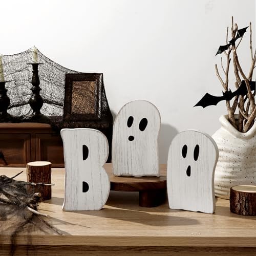 Halloween Table Decorations Indoor: 3pcs Farmhouse Halloween Cute Ghost Decorations, Mini Black White BOO Wood Plank Signs, Rustic Tiered Tray Decor Wooden Ghost Desk Office Decor for Home Kids