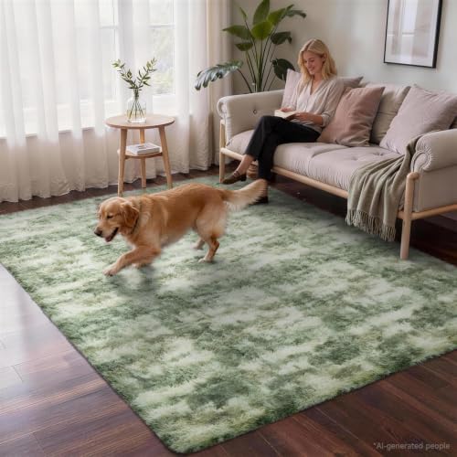 Ophanie Green and White Area Rugs for Living Room 5x7,Sage Green Fluffy Shag Large Fuzzy Plush Soft Carpets,Floor