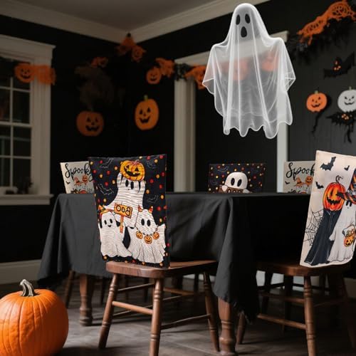 JarThenaAMCS 4Pcs Halloween Chair Back Cover Spooky Boo Ghost Bat Pumpkin Face Seat Covers Dining Chair Slipcover Protector for Trick or Treat Home Kitchen Decor