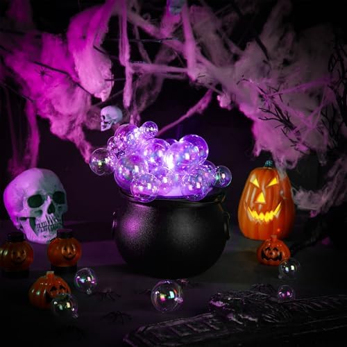 Jenaai 96 Pcs Halloween Bubbling Cauldron Set with 40 Ball Ornaments 2 Lights String 20 g Spider Webs 2 Fake Spider 50 Adhesive Points for Party (Purple, Pink)
