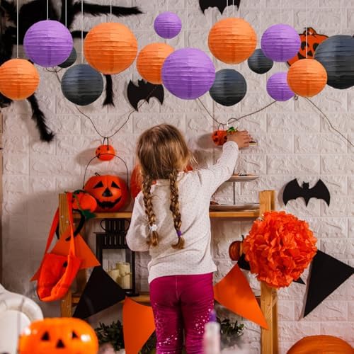 18Pcs Black Orange Purple Paper Lanterns for Parties, 6” 8” 10” 12” Chinese Asian Hanging Round Paper Lanterns for Birthday Wedding Halloween Christmas Home Decor Party Decor