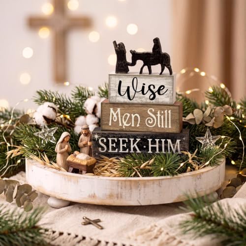 Lineshading 4 Pcs Christmas Nativity Wooden Blocks Wise Men Table Decor