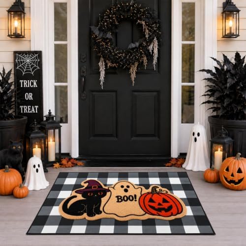 2 Pcs Halloween Welcome Door Mat-Black Cat Ghost Pumpkin Coir Door Mat Set