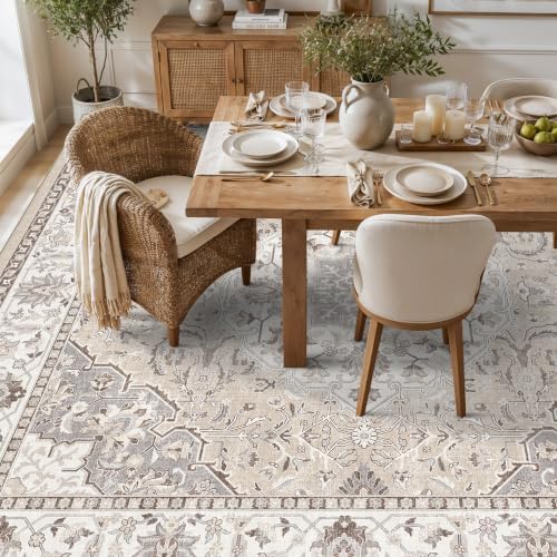 Living Room 12x12 Square Area Rug: Stain Resistant Washable Beige Vintage Rug Low-Pile Soft Floor Carpet for Bedroom