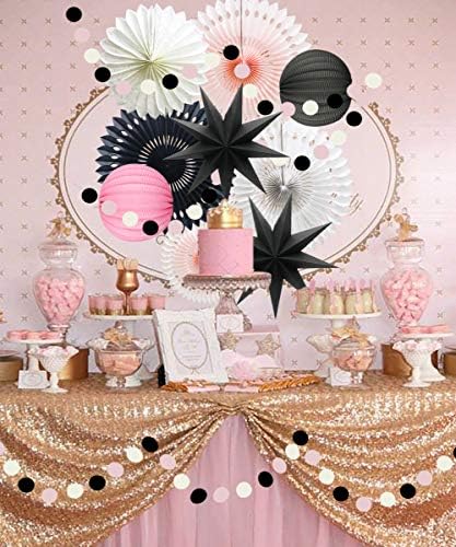 10-Piece Pink and Black Party Decorations, White Paper Fans