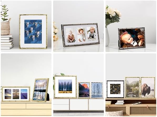 YiPinYin Dark Gold 5x7'' Bamboo Detail Designs Hinged Triple Metal Picture Frame,Elegant Gold Plated Wedding Photo