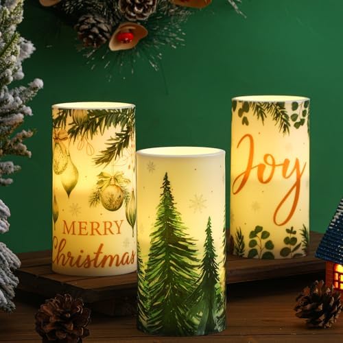 Retisee 3 Pcs Green Christmas Flameless LED Candles with Remote