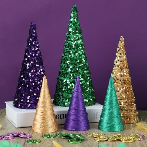6 Pcs 12" 10" 6" Mardi Gras Table Centerpieces Mardi Gras Tiered Tray Signs Cone Tree Ornament Gold Green Purple Table Tree Decor for Mardi Gras Carnival Party Supplies and Decors