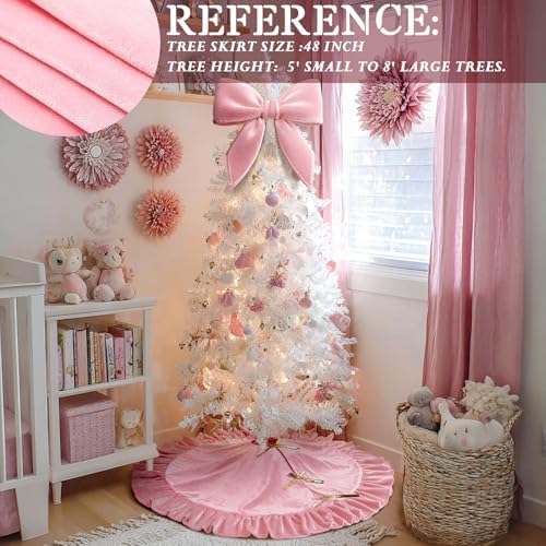 Velvet Christmas Tree Skirt, 48 Inches, Bow Style, Pink