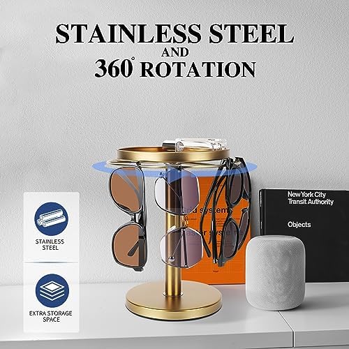 kondyfayo 360° Rotating Sunglass Organizer Storage, Stainless Steel Glasses Holder Stand, Glasses Organizer with Tray