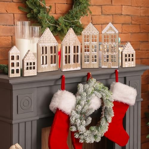 Briwooody 7 Wooden Christmas Village Houses Set, Brown