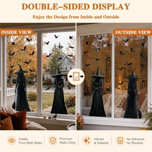 Halloween Decorations Window Clings Decor: 3pcs Large Realist Dark Witch Bats Silhouette Halloween Decals Cling Indoor, Scary Creepy Style School Home Office Party Supplies for Glass Windows