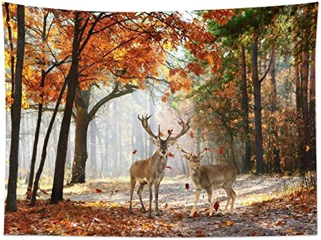 HVEST Fall Tapestry Deer in Orange Maple Tree Forest Wall Art for Bedroom Autumn Nature Landscape Wall Hanging Blanket Holiday Tapestry for Living Room Dorm Wall Decor, 92.5W X 70.9L inches