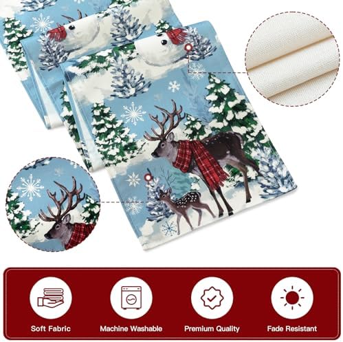 Artscope Reindeer Snowman Christmas Tree Table Runner, Xmas Winter Snowflakes Holiday Kitchen Dining Table Decoration for Christmas Home Party Decor 13x120 Inch-Light Blue