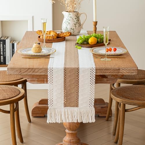 FEXIA Boho Table Runner for Fall Home Decor 12x72 Burlap with Tassels