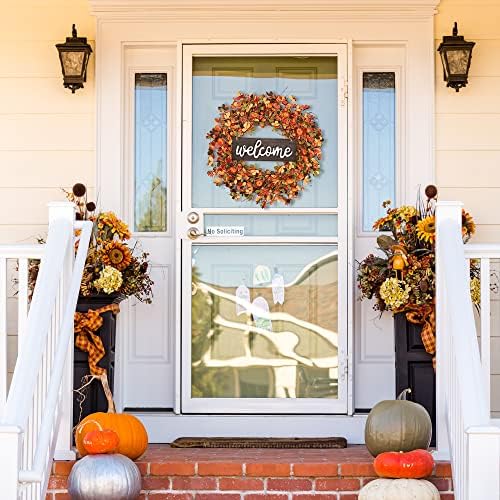 Sggvecsy Fall Wreath 20'' Autumn Front Door Harvest with Small Pumpkin Berry Round Leaves Decorations for Outside Indoor Wall Window Festival Thanksgiving Decor(Orange)