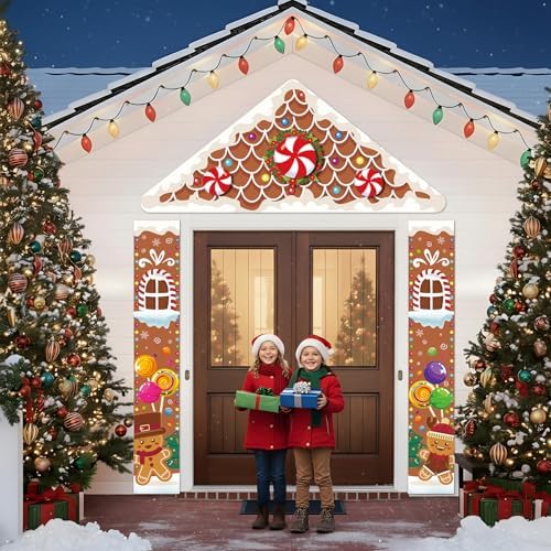 Christmas Gingerbread House Decorations Xmas Candy Door Covers Gingerbread House Party Porch Banner Backdrop Merry Christmas Hanging Decor for Front Door Holiday Home Party Supplies