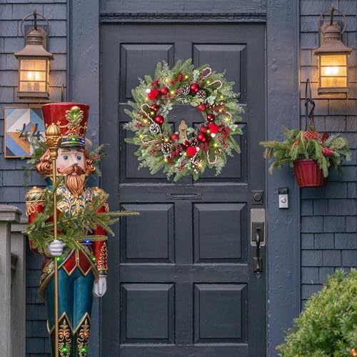 22’’ Artificial Christmas Wreath for Front Door with Red Balls Candy Canes Pine Needles Red Berries Pine Cones Christmas Decorations for Winter Wall Outdoor Home Holiday Xmas Decor