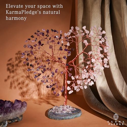 Handmade Healing Crystal Tree of Life Amethyst & Rose Quartz Chakra Tree for Money, Good Luck, Feng Shui Home Decor