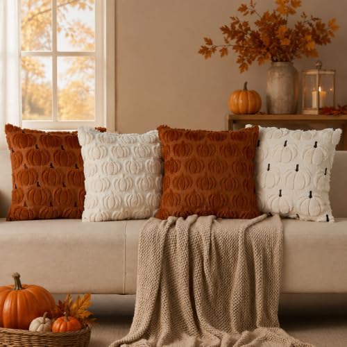 DFXSZ Fall Pillow Covers 18x18 2Pcs Rust Beige Pumpkin Fall Decorations