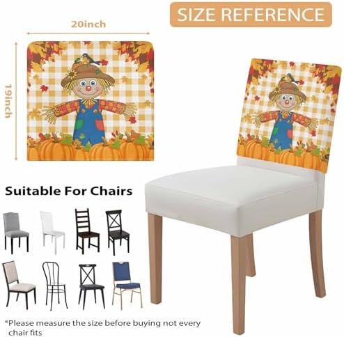LooPoP Fall Chair Covers Set of 6 Scarecrows Crow Pumpkin Chair Slipcover Protector Stretch Chair Covers Maple Leaf Orange Buffalo Plaid Thanksgiving Chair Back Covers for Dining Chairs Kitchen Party