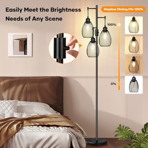 Dimmable Floor Lamp,3x800LM LED Bulbs Included, Farmhouse Industrial Floor Lamp Standing Tree Lamp with Teardrop Cage