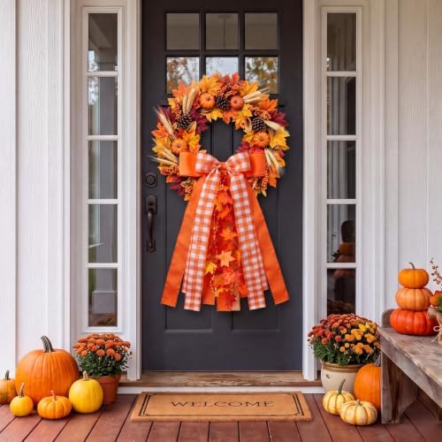 Riceshoot Fall Wreath Bow Orange Plaid Sash for Front Door Maple Leaf