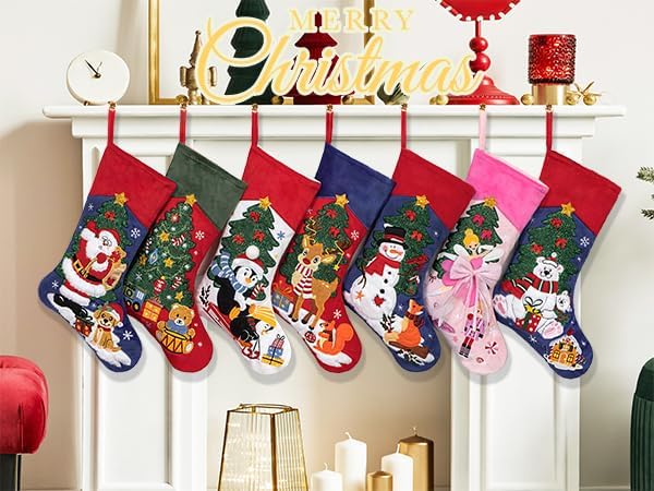 LUBOT Set of 5 Christmas Stockings Embroidered 20" Velvet Large Family Xmas Tree Stocking 5 Pack Shining Cute Cartoon Soft Luxury Stocking Fireplace Hanging Decor