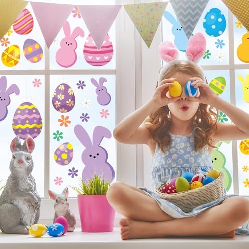 Whaline Easter Window Clings Happy Easter Bunny Rabbit Egg Double-Side Window Decals for Home Office School Shop Display Party Decorations, 107 Pcs, 9 Sheet