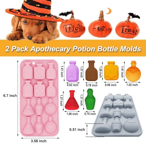 2 Pack 3D Apothecary Potion Bottle Silicone Molds 12 Cavity Halloween Themed Baking Mould Tray DIY Baking Tool for Chocolate Cake Dessert Candy Mousse Pastry Handmade Soap Crayons Cupcake Topper
