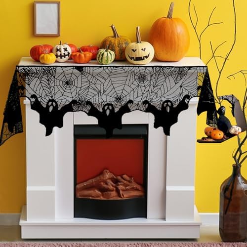 On-Airstore Halloween Mantle Scarf Ghost Spider Web Fireplace Scarf Black Embroidered Lace Table Runner Mantle Cover for Halloween Fireplace Decoration Halloween Party Supplies 79 x 20 Inch