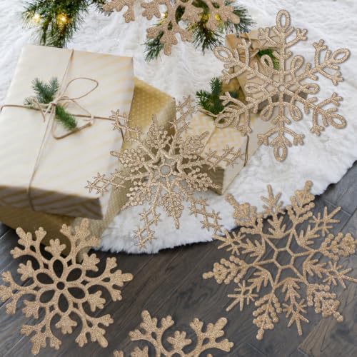 8pcs Large Champagne Gold Snowflakes Ornaments 12” Big Plastic Glitter Snowflake for Winter Indoor Outdoor Christmas Tree Window Room Decorations Giant Craft Snowflakes