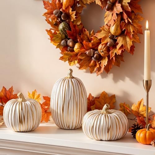 Fall Pumpkin Decor, 3 Pcs White and Gold Resin Pumpkin Decorations for Home