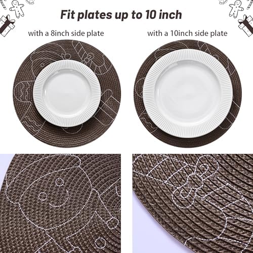 Feuille Round Christmas Placemats Set of 4,13.5 Inch Brown Gingerbread Man Placemats for Round Tables Winter Placemats Perfect for Indoor Christmas Decorations
