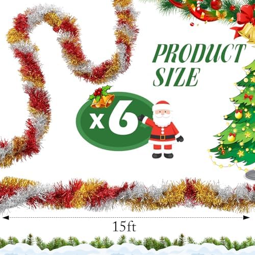 Shappy 90 ft 6 Rolls Christmas Tinsel Garland for Tree, Gold, Silver, Red