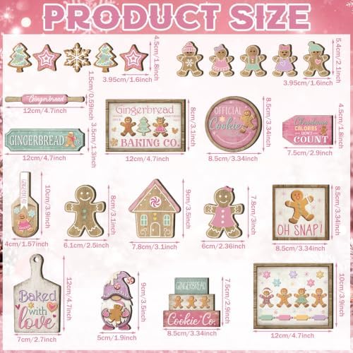 Shellwei 24pcs Pink Christmas Tiered Tray Decor Set Rustic Gingerbread Sign