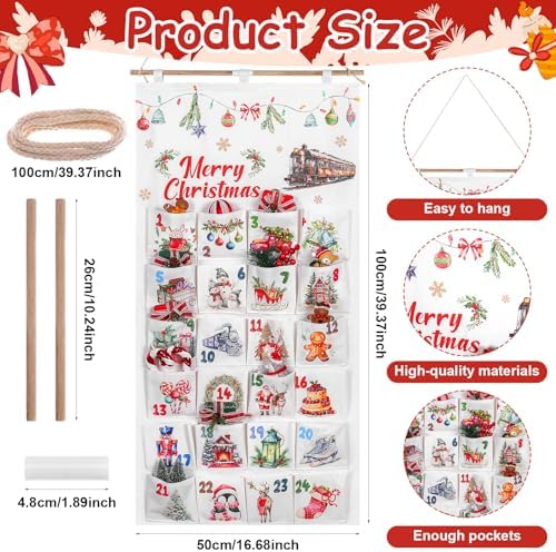 Fabric Christmas Advent Calendar with Pockets 24 Days Christmas Countdown Advent Calendar Hanging Countdown Calendar to Fill Reusable Wall Hanging Storage Bag for Home Xmas Holiday Decor