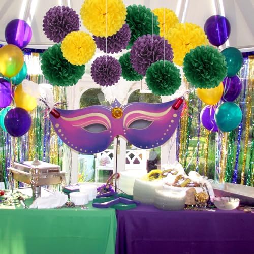 18 PCS Tissue Paper Pom Poms, Tissue Pom Poms Flowers, Sizes of 6", 10", 12", 14" Hanging Paper Flower Ball for Wedding, Birthday, Mardi Gras, Baby Shower Party Supplies Decor (Yellow Green Purple)