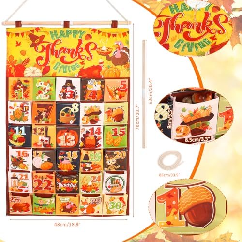 HOWAF Thanksgiving Advent Calendar(Countdown to Thanksgiving),30 Days Mystery Thanksgiving Countdown Calendar with 30 Pockets for Give Thanks Autumn Treats Fall Gifts, Thanksgiving Calendar Wall Decor