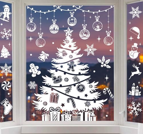 Whaline 6 Sheets Large Christmas Window Clings White Xmas Tree Ornament Reusable Anti-Collision Windows Decals for Winter Home School Office Party Decor Supplies