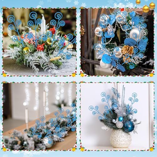 Ysleen 50 Pcs Glitter Tree Picks and Sprays Twigs Branches, Blue